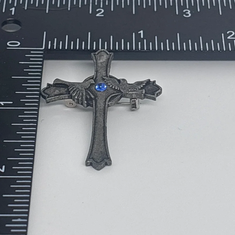 Boehm Cross Brooch‎ Pewter Tone Blue Rhinestone Vintage Signed